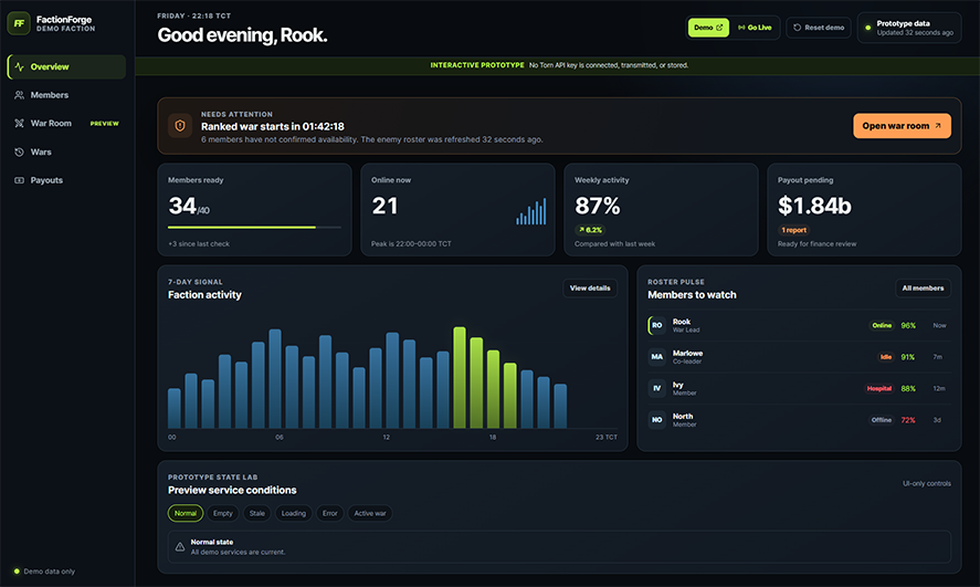 Faction Manager interface preview with illustrative demo data